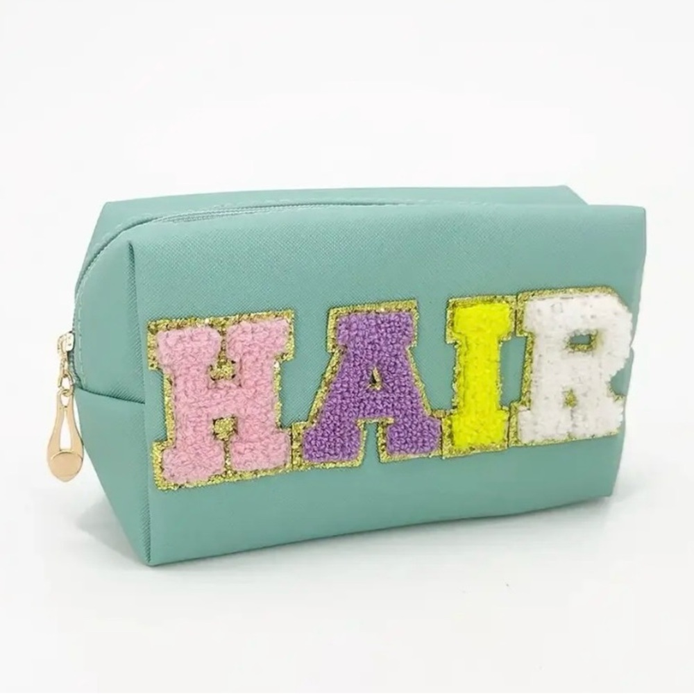 “HAIR” Cosmetic Makeup Bag, Patch Chenille Letter. Multi-colored.